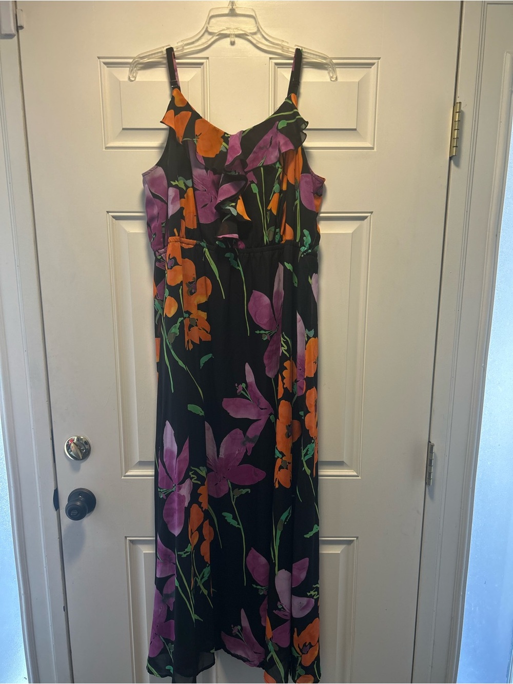 Floral Ruffle Midi Dress in Black with Purple & Orange Blooms